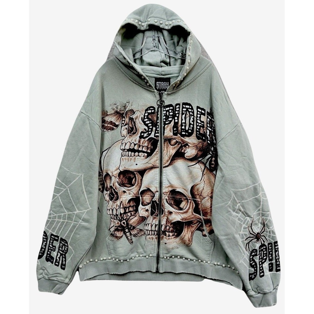Stray Zip Up Hoodie Mens 2XL Sage Green Pearls Studded Spider Skulls Embellished